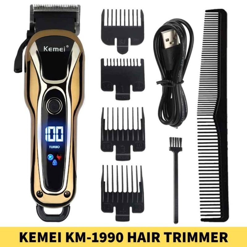 Best KEMEI KM-1990 Hair Trimmer For Men shop in bd. Stainless Steel Cutting Length Settings_ Adjustable Power Source_ Rechargeable battery