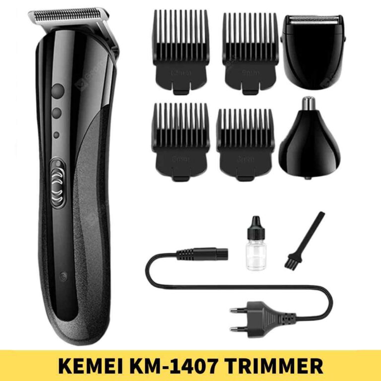 KEMEI KM-1407 Electric Nose Hair Clipper 3 in 1 Trimmer is likely to be a versatile grooming designed for various facial hair grooming needs