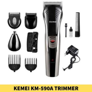 KEMEI KM-590A Trimmer Rechargeable 7 In 1-Function shop in BD. Size_ 14.9 x 4 x 4.5cm Input_ AC 220-230V 50Hz 3W Output_ 3.0V DC 600mA