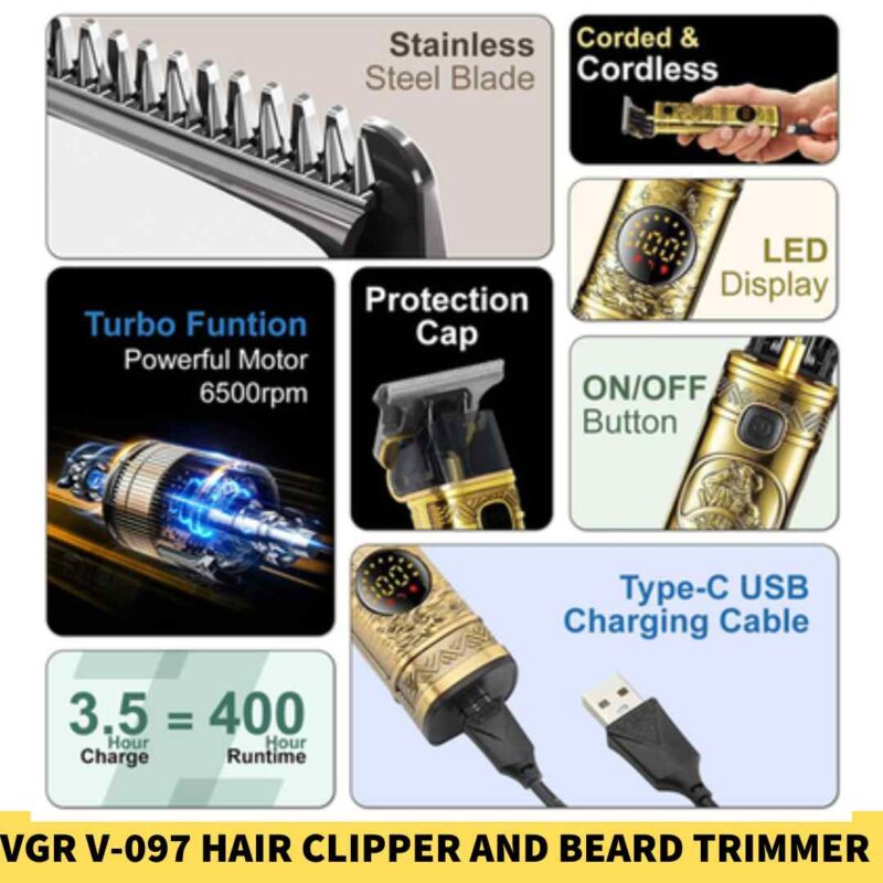 VGR V-097 Hair Clipper and Beard Trimmer with Digital Display for Men